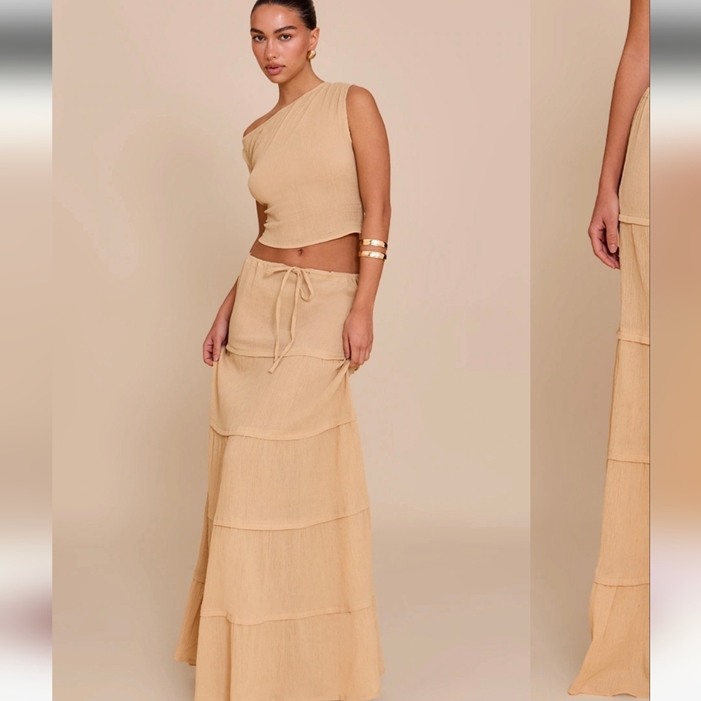 NWT PrettyLittleThing Sand Cheesecloth Floaty Drawstring Maxi Skirt, Size 4